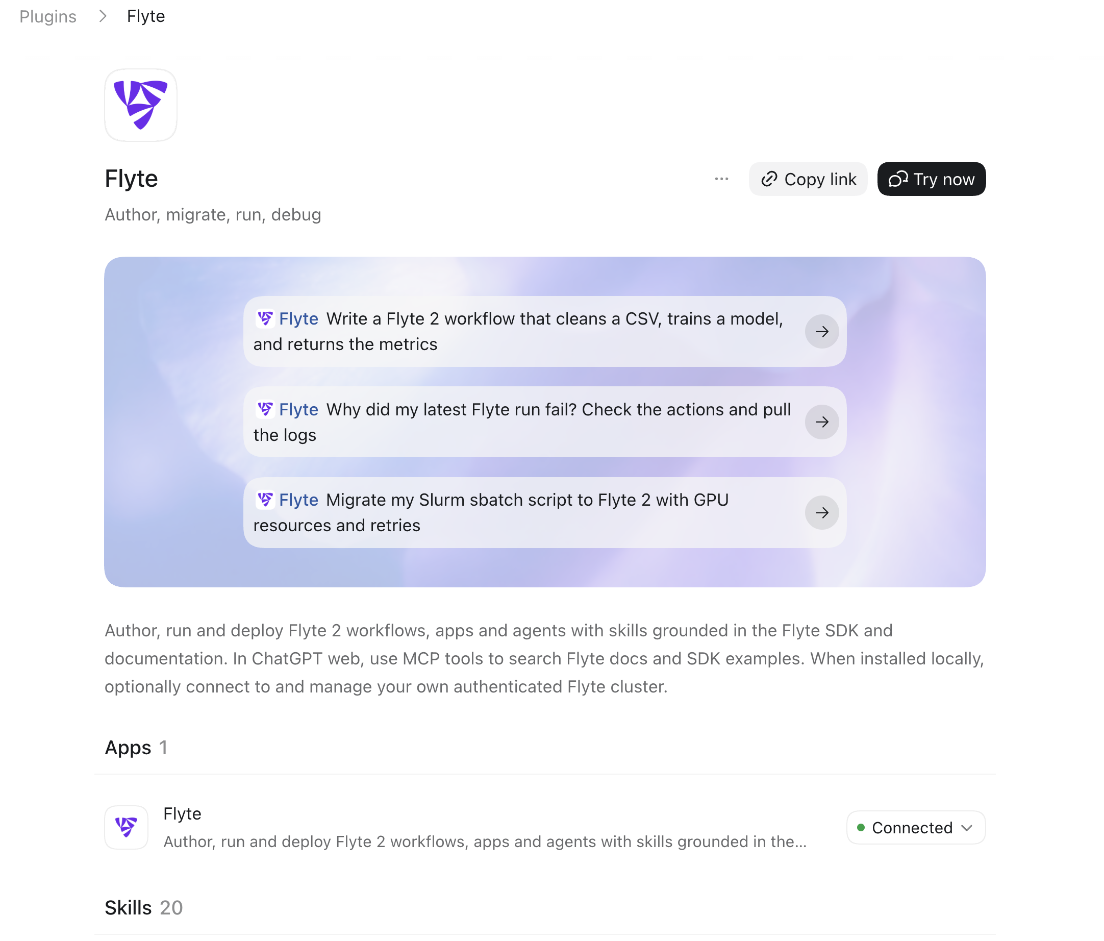 ChatGPT plugin catalog showing the Flyte plugin entry